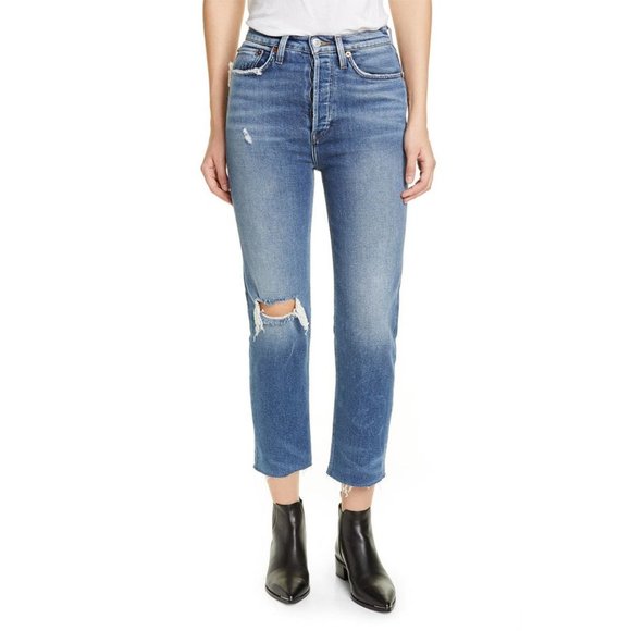 RE/DONE Womens Jeans 70s Ultra High Rise Stove Pipe Vintage Indigo Destroy 24